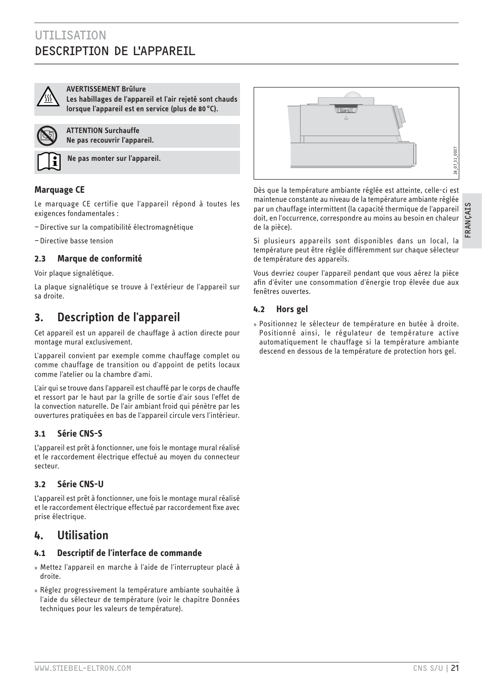 E`.<.z`.hc zv.t`.hc  <ļttv, Description de l'appareil, Utilisation | STIEBEL ELTRON CNS U с 01.03.2010 User Manual | Page 21 / 72