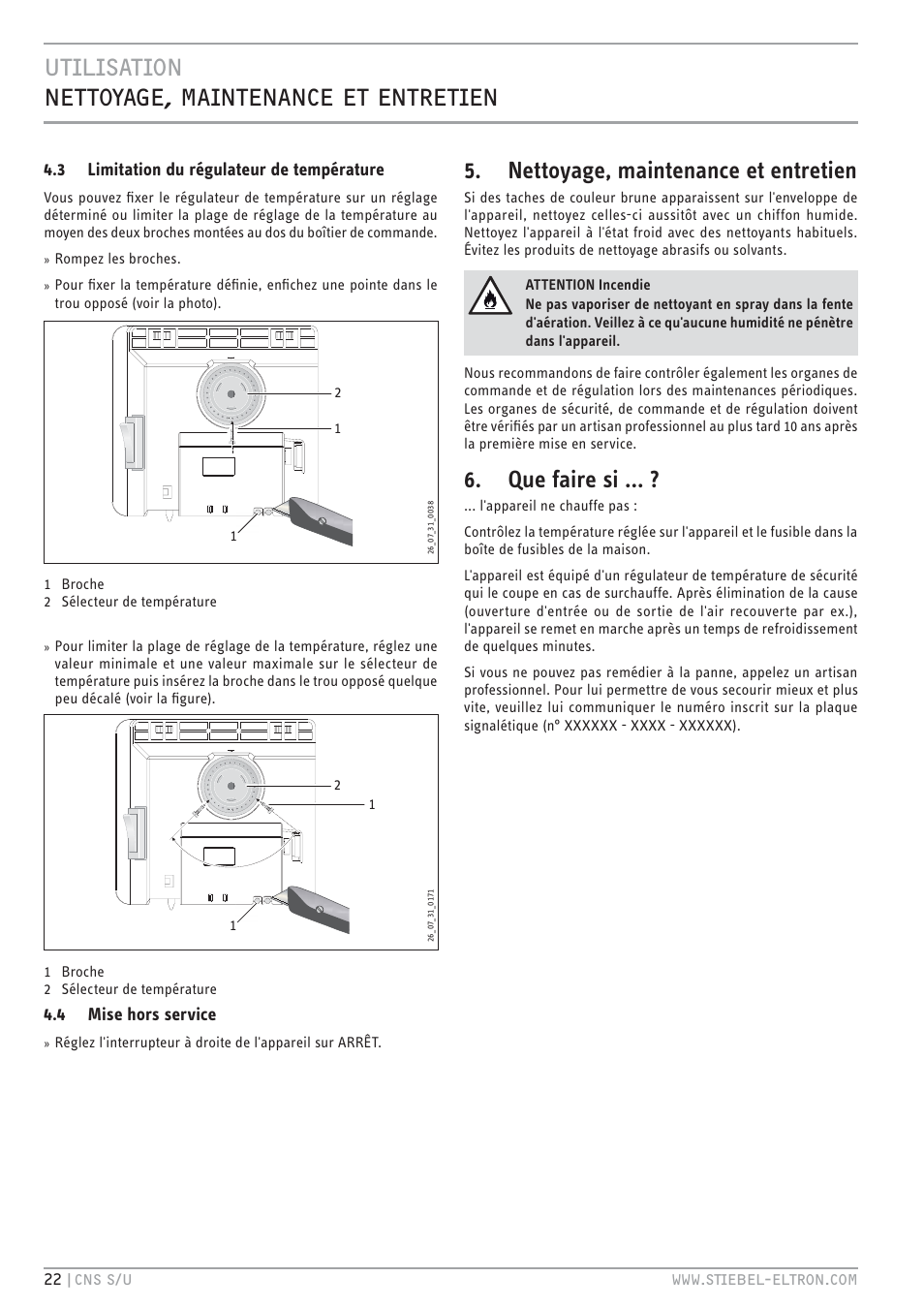 E`.<.z`.hc c``ht&© b.c`cc ` c`v`.c, Nettoyage, maintenance et entretien, Que faire si | 3 limitation du régulateur de température, 4 mise hors service | STIEBEL ELTRON CNS U с 01.03.2010 User Manual | Page 22 / 72