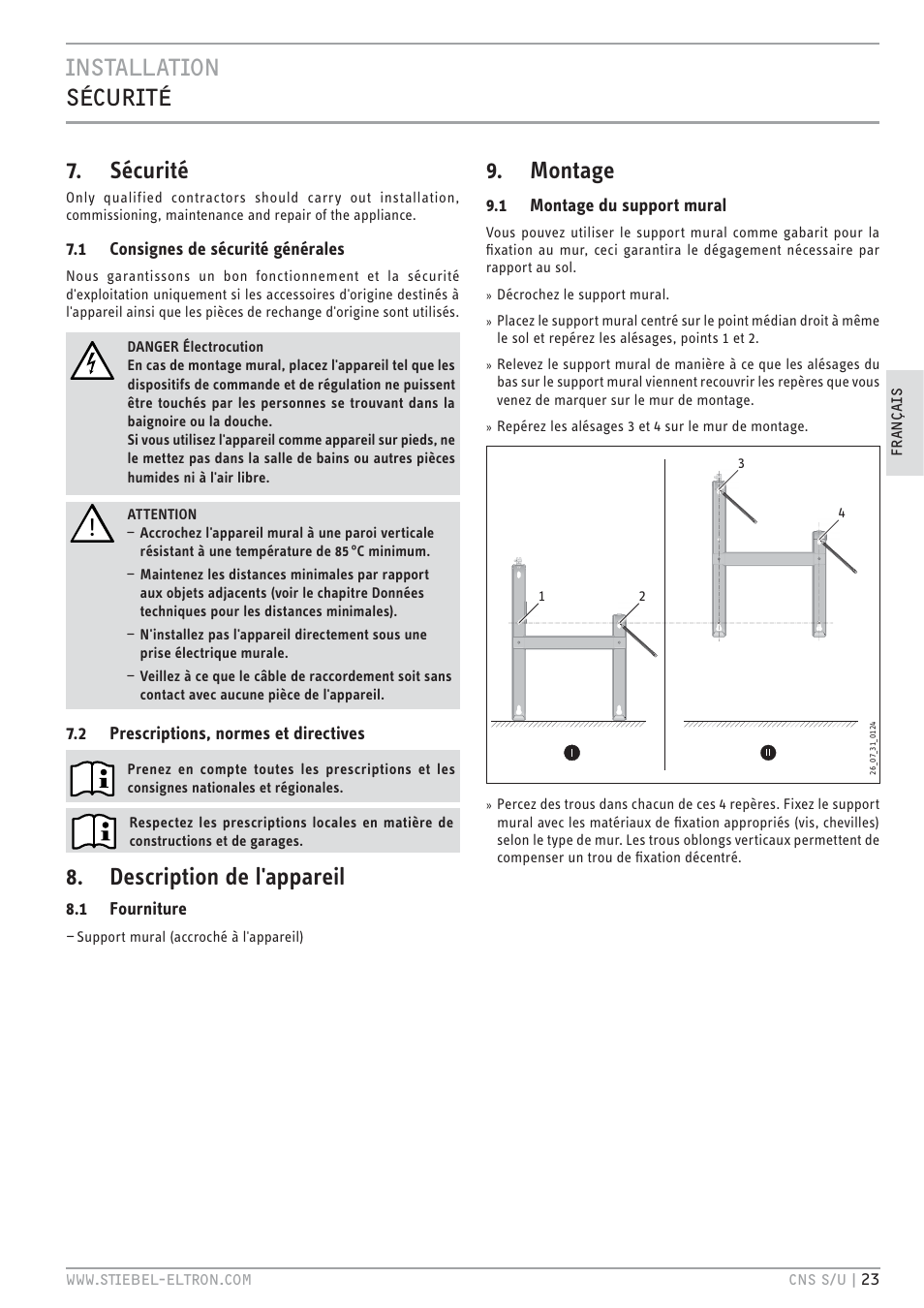 Cz`<<`.hc zev.` 7. sécurité, Description de l'appareil, Montage | STIEBEL ELTRON CNS U с 01.03.2010 User Manual | Page 23 / 72