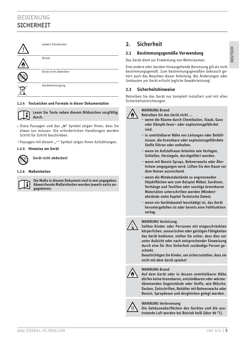 Cec& z.+v, Sicherheit | STIEBEL ELTRON CNS U с 01.03.2010 User Manual | Page 3 / 72