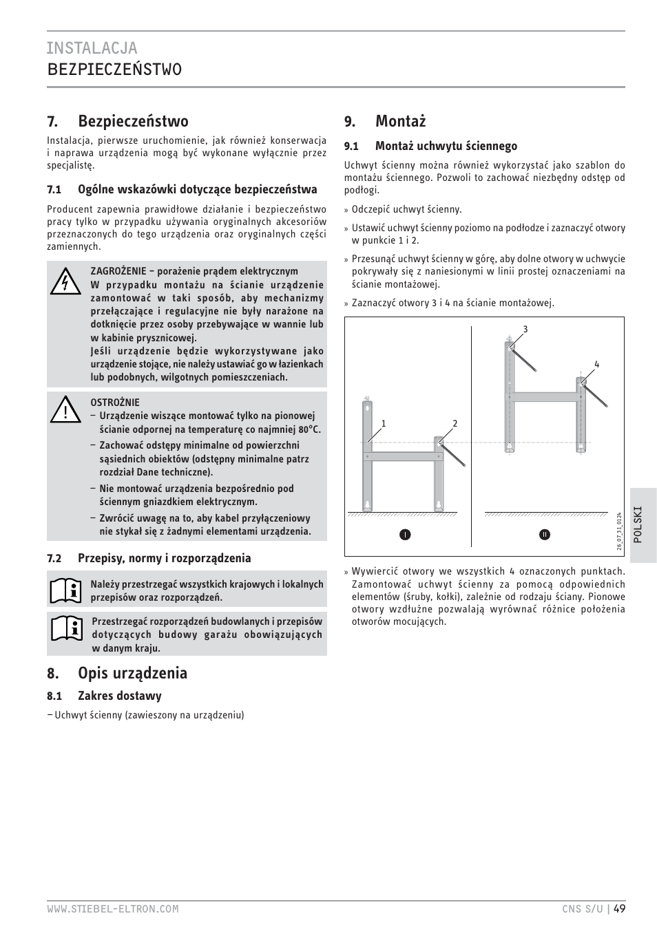 Cz`<8 xt.xdz`qh 7. bezpieczeństwo, Opis urządzenia, Montaż | STIEBEL ELTRON CNS U с 01.03.2010 User Manual | Page 49 / 72