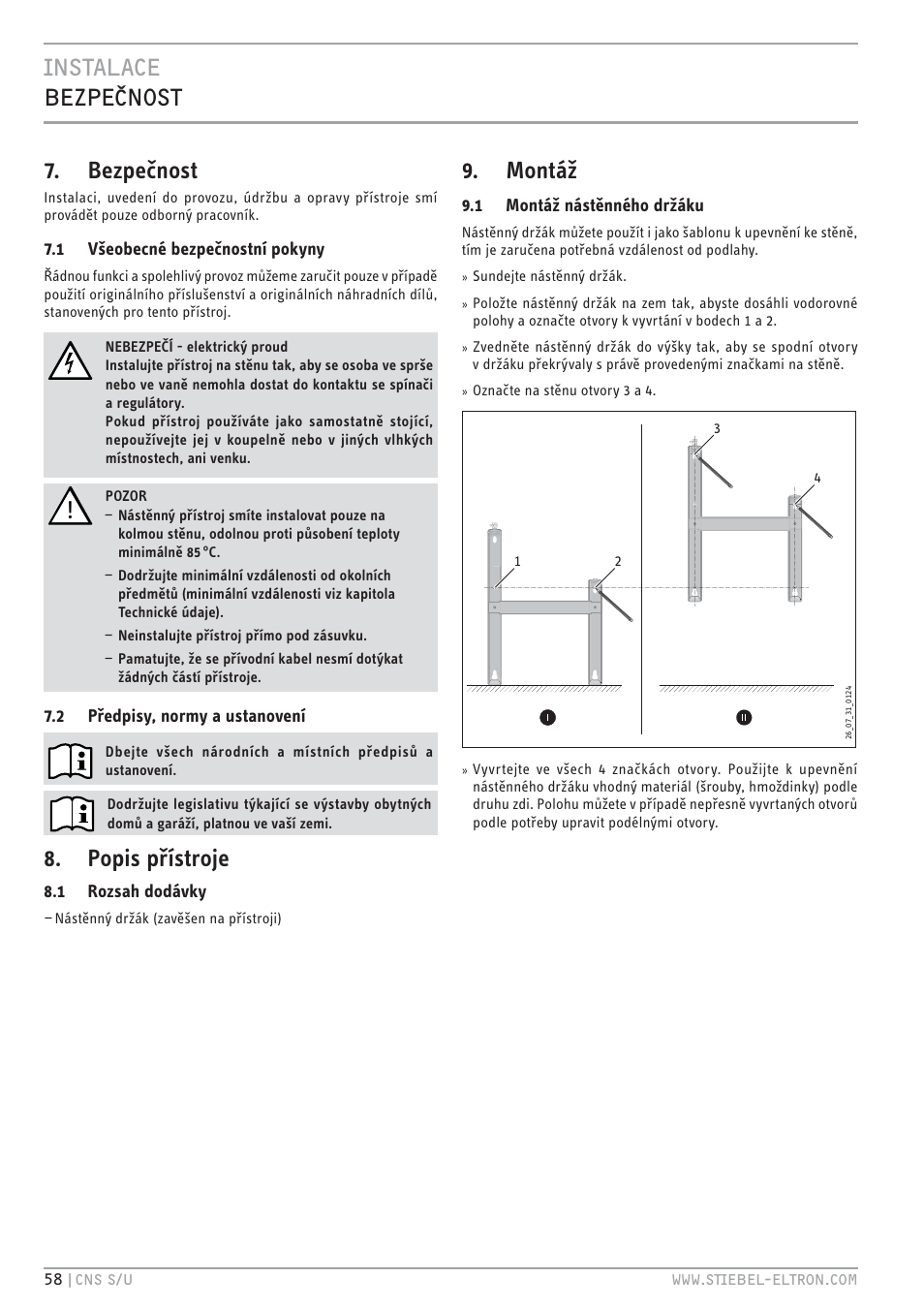 Cz`< xtchz` 7. bezpečnost, Popis přístroje, Montáž | STIEBEL ELTRON CNS U с 01.03.2010 User Manual | Page 58 / 72