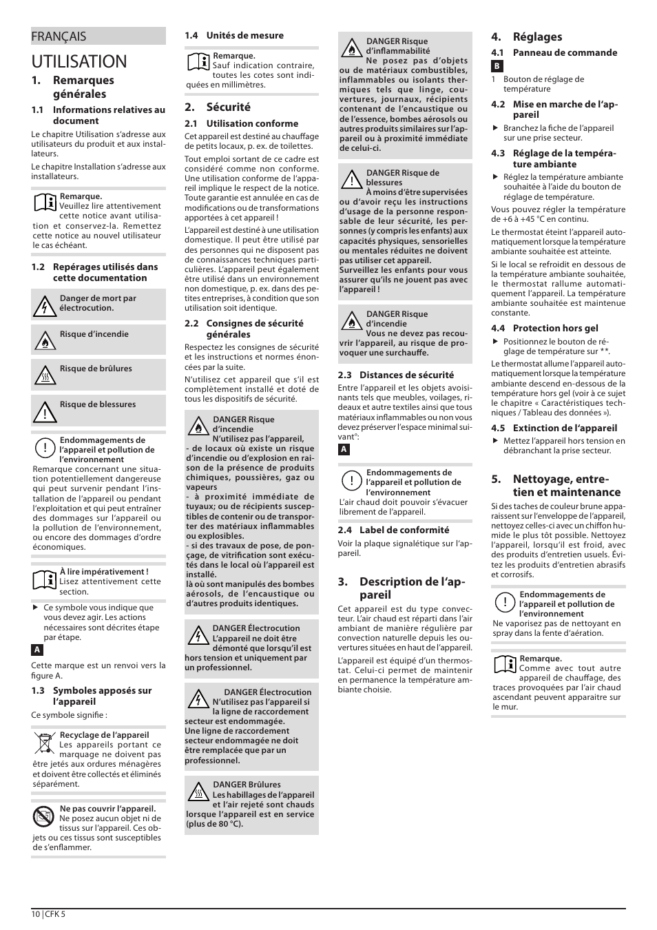 Utilisation, Français, Description de l‘ap- pareil | Réglages, Nettoyage, entre- tien et maintenance, Remarques générales, Sécurité | STIEBEL ELTRON CFK 5 с 01.01.1998 User Manual | Page 10 / 20