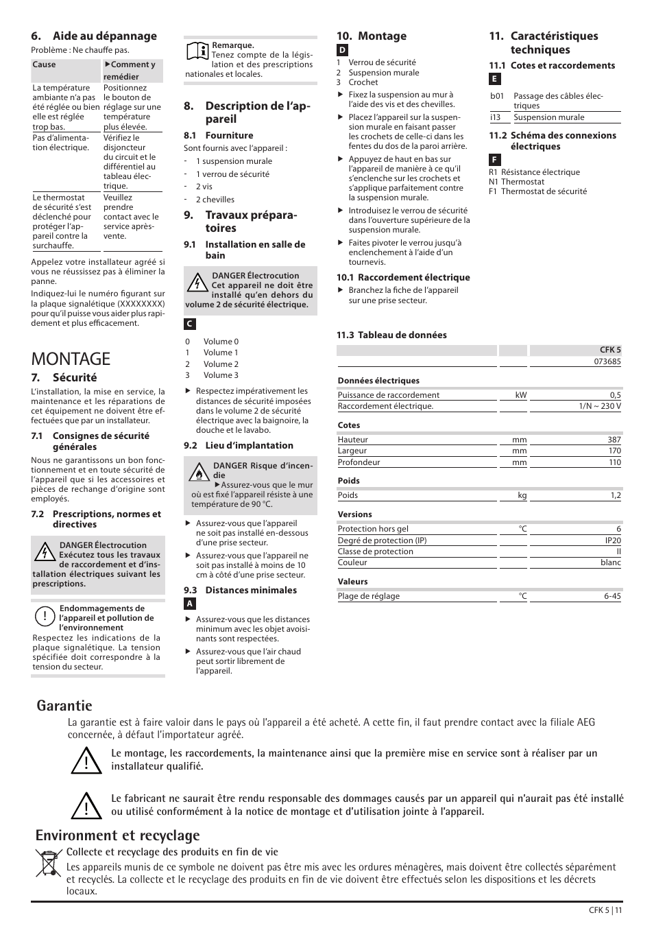 Montage, Garantie, Environment et recyclage | Aide au dépannage, Sécurité, Description de l‘ap- pareil, Travaux prépara- toires, Caractéristiques techniques | STIEBEL ELTRON CFK 5 с 01.01.1998 User Manual | Page 11 / 20