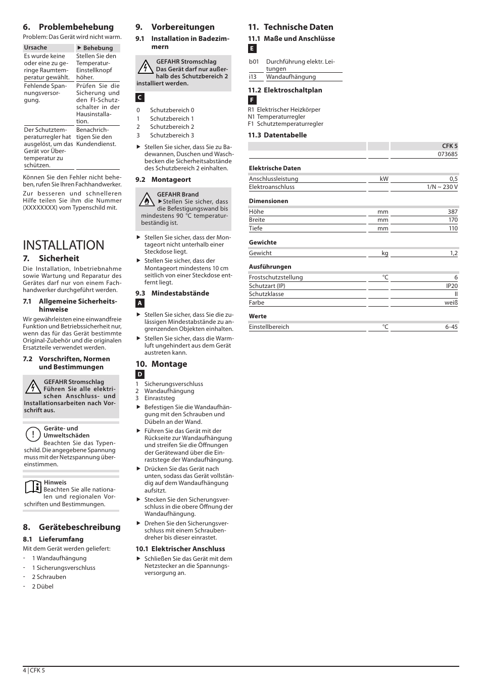 Installation, Problembehebung, Sicherheit | Gerätebeschreibung, Vorbereitungen, Montage, Technische daten | STIEBEL ELTRON CFK 5 с 01.01.1998 User Manual | Page 4 / 20