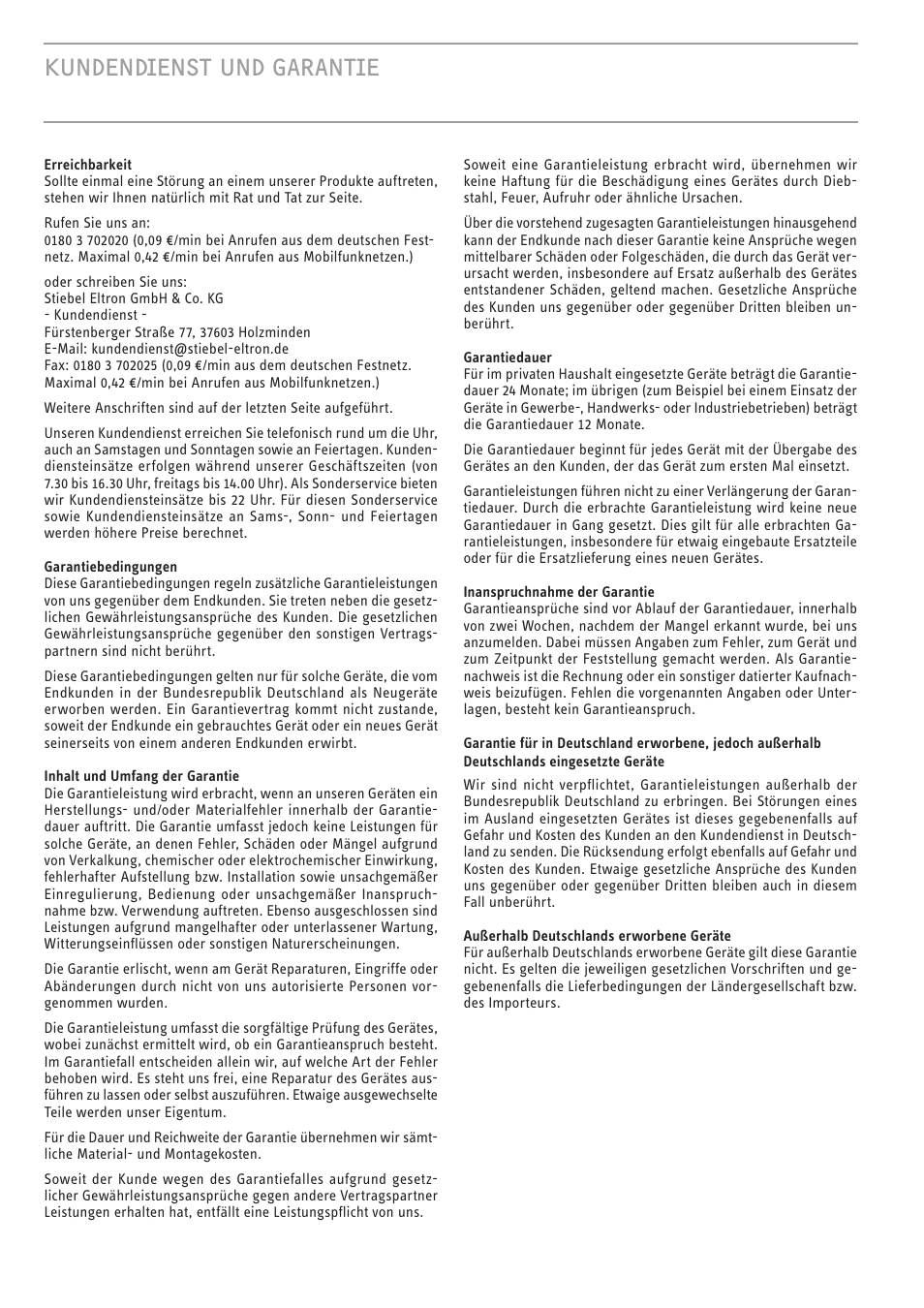 Kundendienst und garantie | STIEBEL ELTRON CFK 5 с 01.01.1998 User Manual | Page 6 / 20