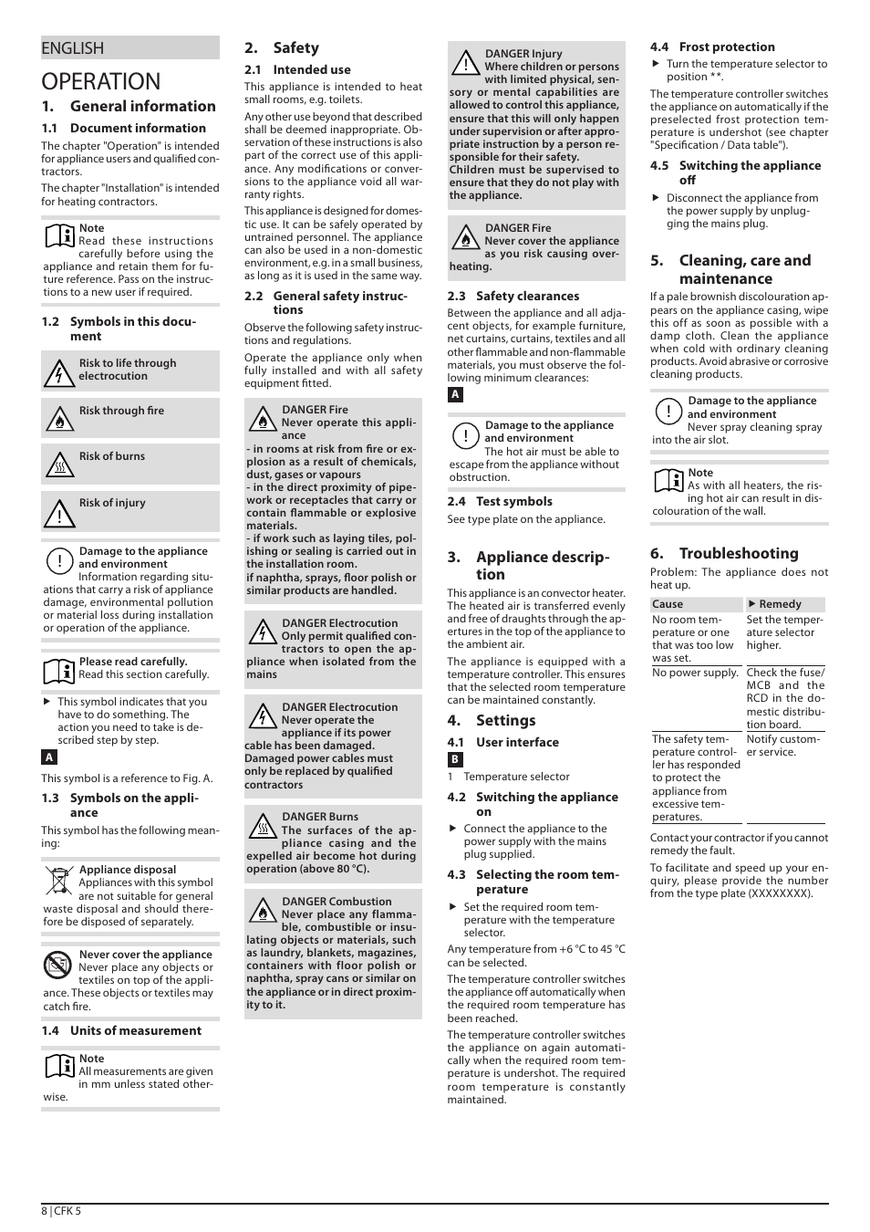 Operation, English, General information | Safety, Appliance descrip- tion, Settings, Cleaning, care and maintenance, Troubleshooting | STIEBEL ELTRON CFK 5 с 01.01.1998 User Manual | Page 8 / 20