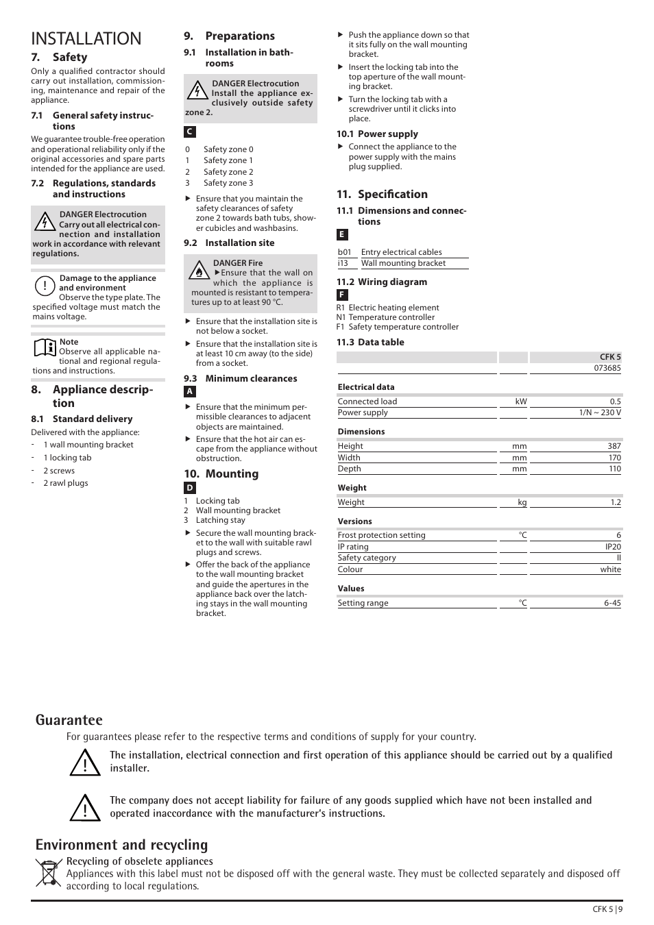 Installation, Guarantee, Environment and recycling | Specification, Safety, Appliance descrip- tion, Preparations, Mounting | STIEBEL ELTRON CFK 5 с 01.01.1998 User Manual | Page 9 / 20