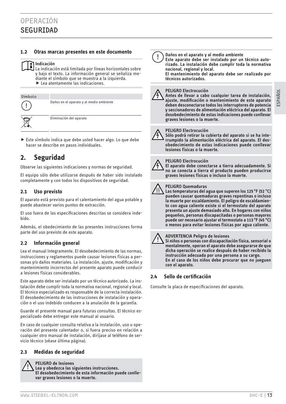 Htv.jc z&ev, Seguridad | STIEBEL ELTRON DHC-E 8-10-12 01.12.2011 - 13.02.2011 User Manual | Page 13 / 40
