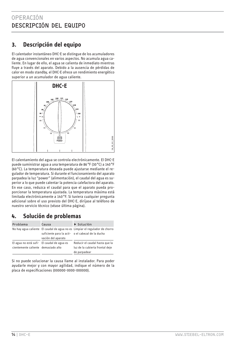 Htv.jc zv.t.jc < ue.th, Descripción del equipo, Solución de problemas | STIEBEL ELTRON DHC-E 8-10-12 01.12.2011 - 13.02.2011 User Manual | Page 14 / 40