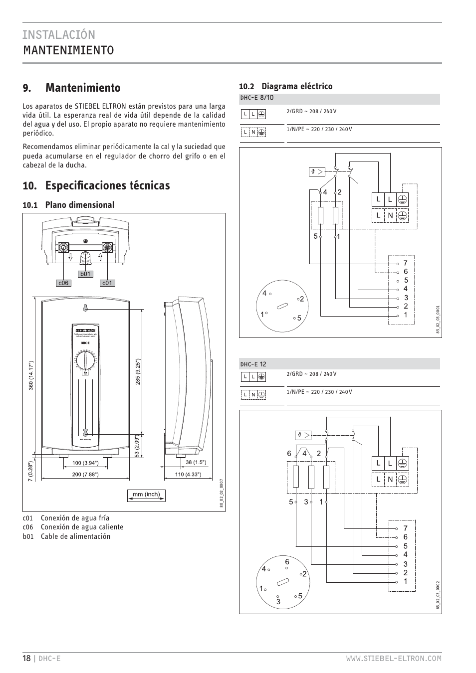 Cz`<.jc bc`c.b.c`h 9. mantenimiento, Especiﬁcaciones técnicas, 1 plano dimensional | 2 diagrama eléctrico | STIEBEL ELTRON DHC-E 8-10-12 01.12.2011 - 13.02.2011 User Manual | Page 18 / 40