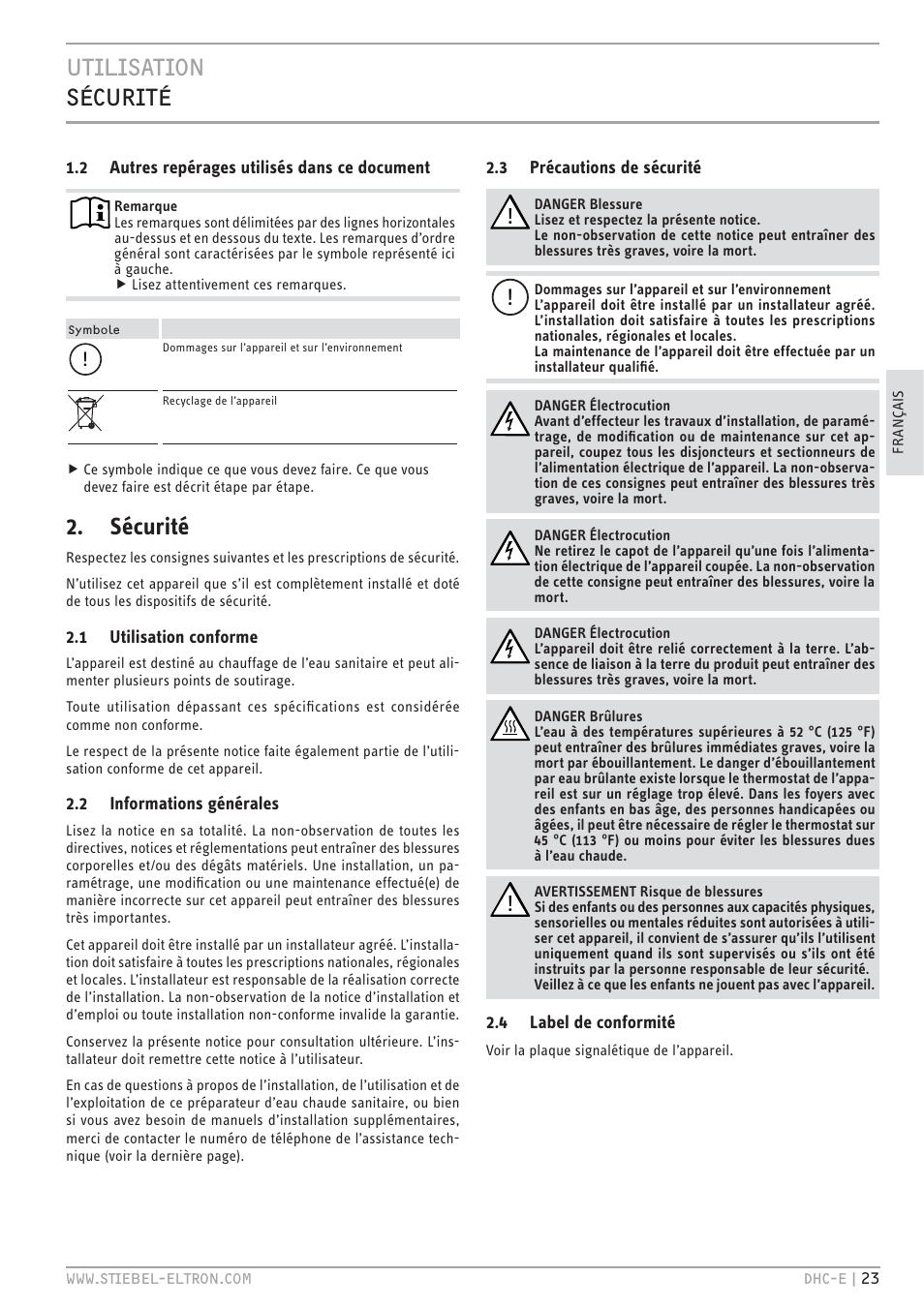 E`.<.z`.hc zev, Sécurité | STIEBEL ELTRON DHC-E 8-10-12 01.12.2011 - 13.02.2011 User Manual | Page 23 / 40