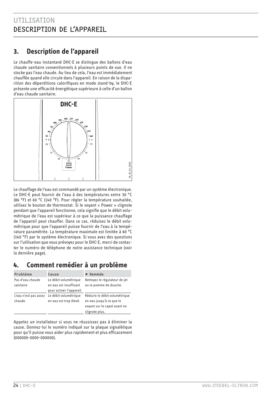 E`.<.z`.hc zv.t`.hc  <ĺttv, Description de l’appareil, Comment remédier à un problème | STIEBEL ELTRON DHC-E 8-10-12 01.12.2011 - 13.02.2011 User Manual | Page 24 / 40
