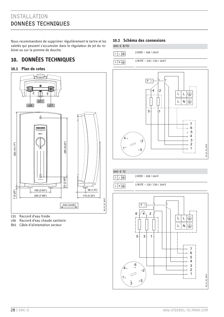 Cz`<<`.hc hccz `+c.uez, Données techniques, 1 plan de cotes | 2 schéma des connexions, Ŝд +й qqqīz`. <é<`vhcīhb | STIEBEL ELTRON DHC-E 8-10-12 01.12.2011 - 13.02.2011 User Manual | Page 28 / 40