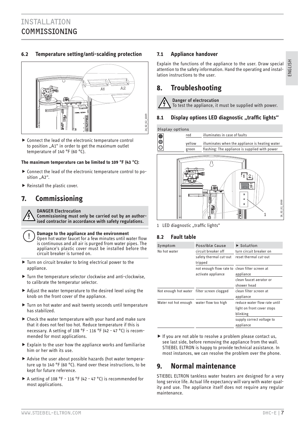 Cz`<<`.hc hbb.zz.hc.c, Commissioning, Troubleshooting | Normal maintenance, 2 temperature setting/anti-scalding protection, 1 appliance handover, 1 display options led diagnostic „trafﬁc lights, 2 fault table | STIEBEL ELTRON DHC-E 8-10-12 01.12.2011 - 13.02.2011 User Manual | Page 7 / 40