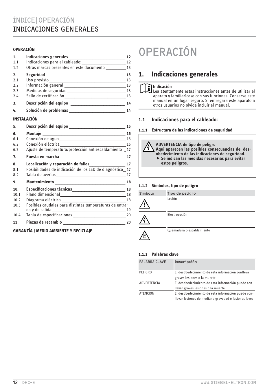 Htv.jc, 0c.htv.jc .c..hcz &cv<z, Indicaciones generales | STIEBEL ELTRON DHC-E 8-10-12 с 14.02.2011 User Manual | Page 12 / 40