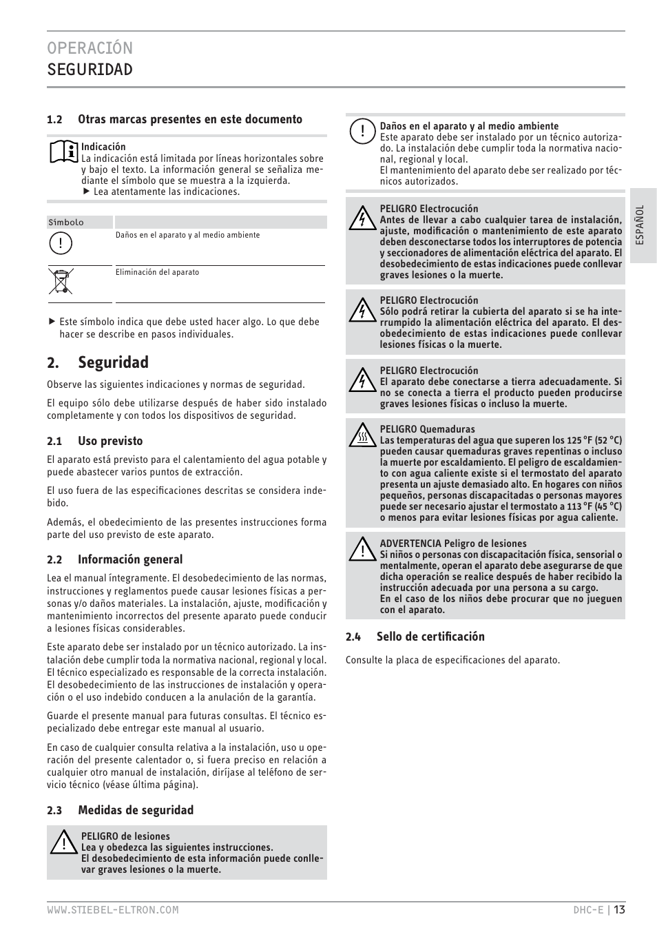 Htv.jc z&ev, Seguridad | STIEBEL ELTRON DHC-E 8-10-12 с 14.02.2011 User Manual | Page 13 / 40
