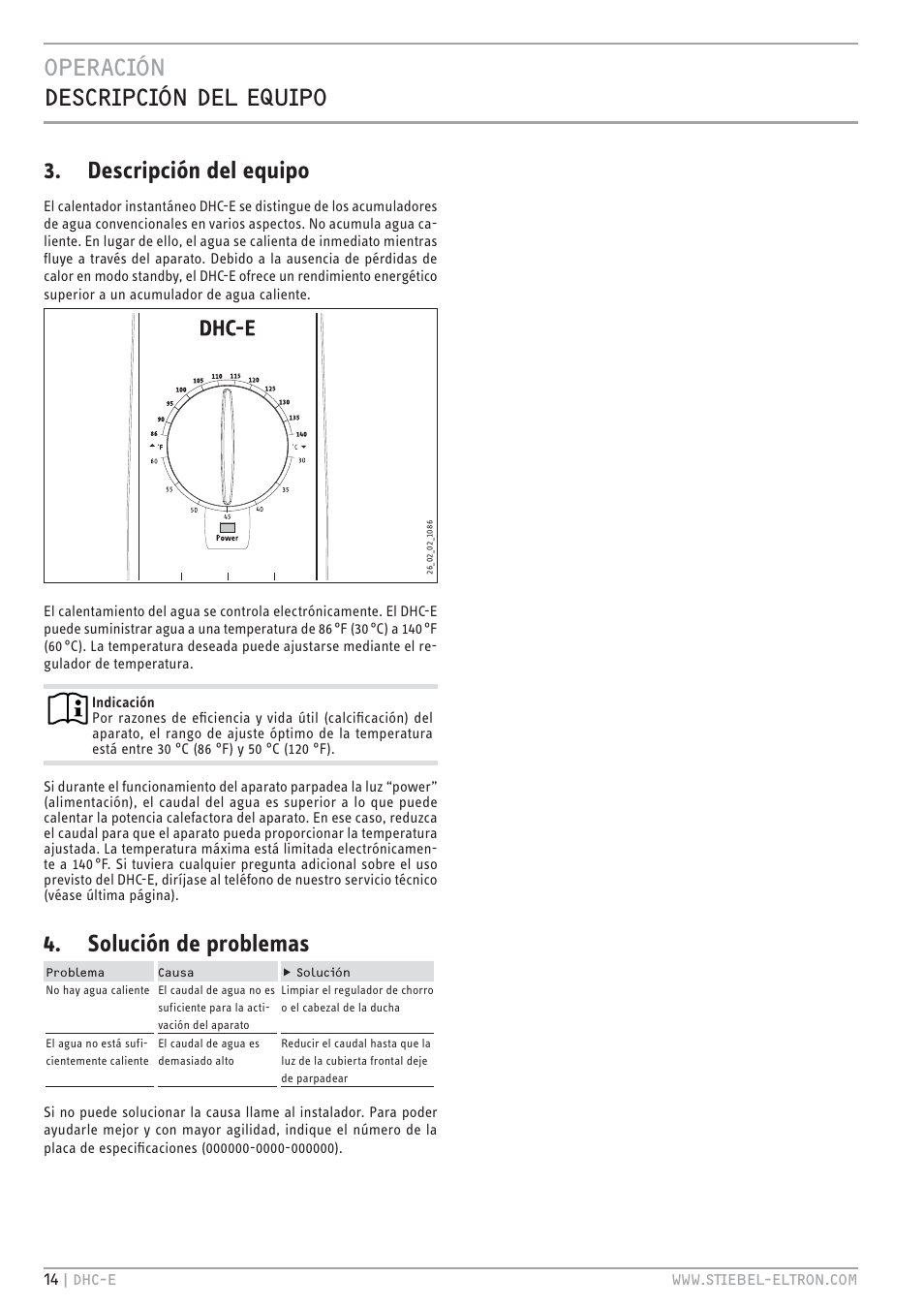 Htv.jc zv.t.jc < ue.th, Descripción del equipo, Solución de problemas | STIEBEL ELTRON DHC-E 8-10-12 с 14.02.2011 User Manual | Page 14 / 40