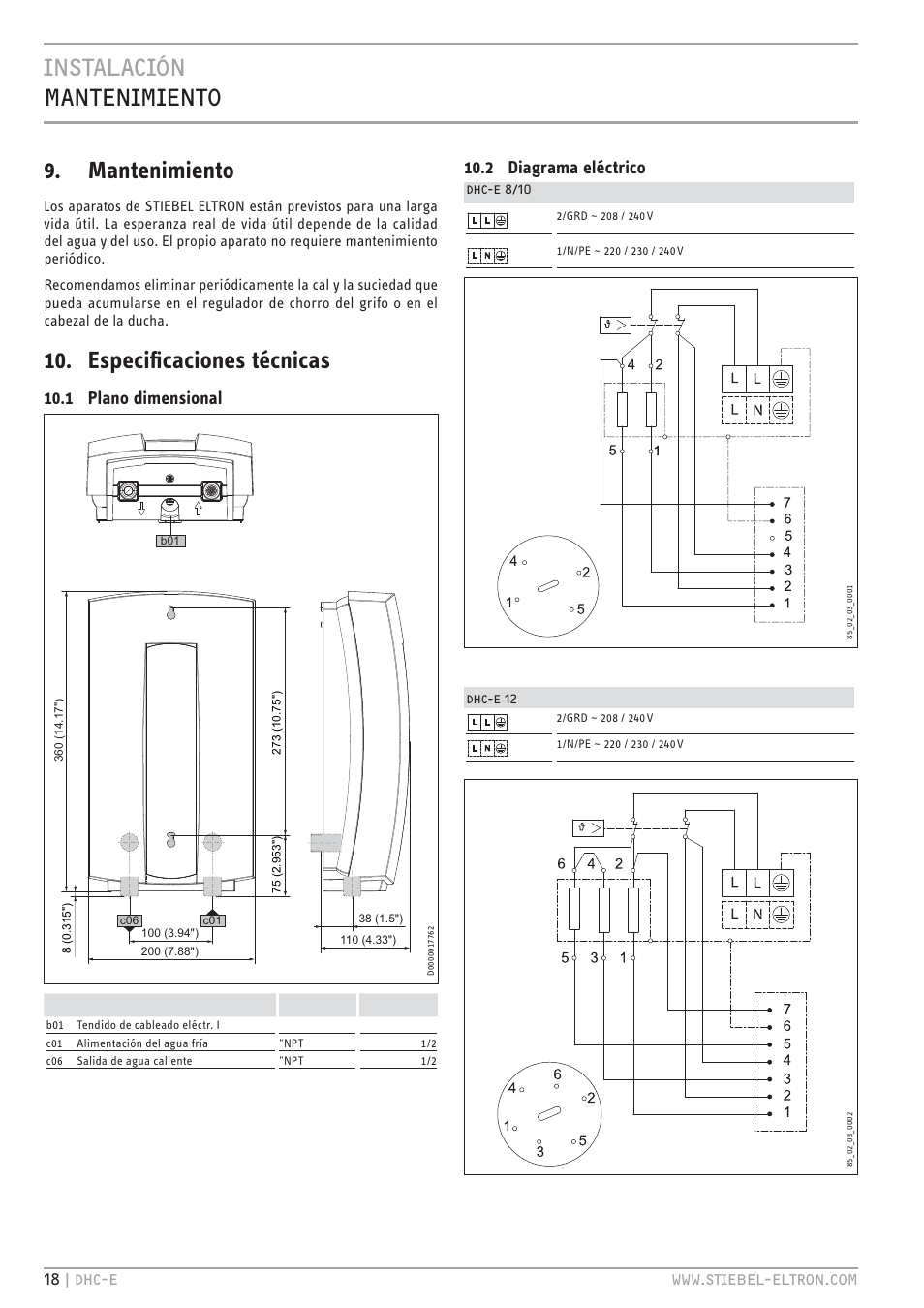 Cz`<.jc bc`c.b.c`h 9. mantenimiento, Especiﬁcaciones técnicas, 1 plano dimensional | 2 diagrama eléctrico | STIEBEL ELTRON DHC-E 8-10-12 с 14.02.2011 User Manual | Page 18 / 40