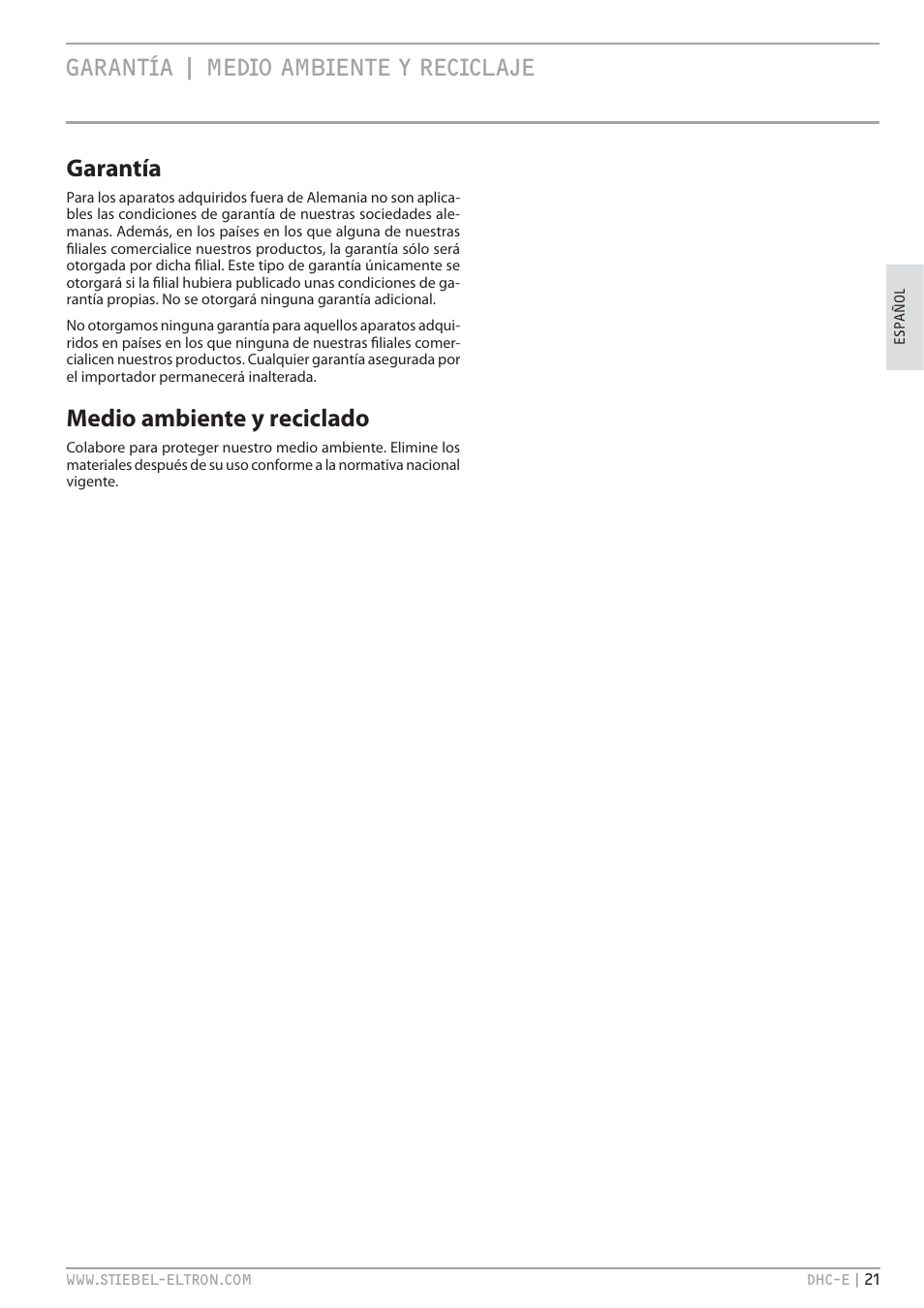 Vc`0  b.h b .c` t v.<8 garantía, Medio ambiente y reciclado | STIEBEL ELTRON DHC-E 8-10-12 с 14.02.2011 User Manual | Page 21 / 40