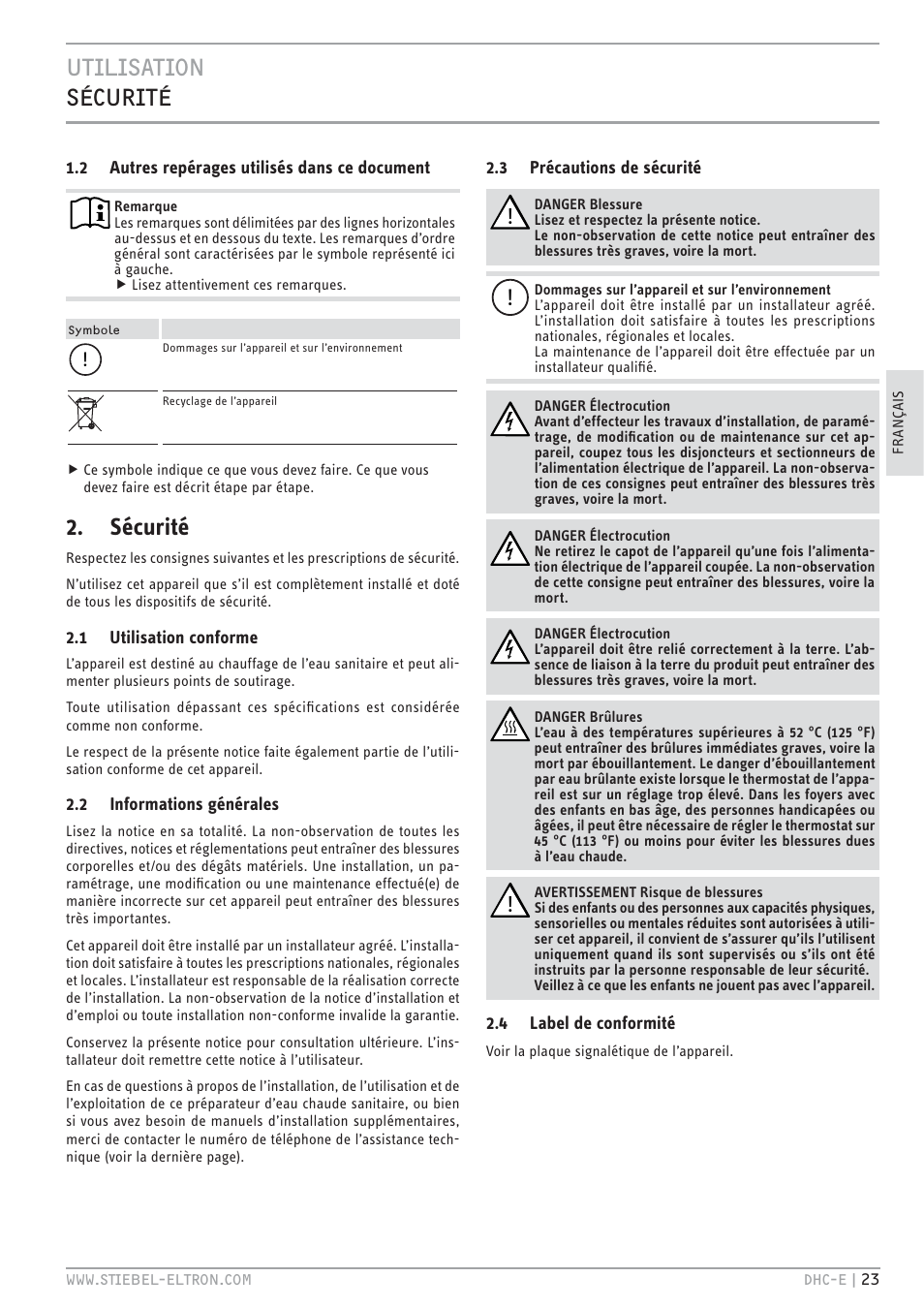 E`.<.z`.hc zev, Sécurité | STIEBEL ELTRON DHC-E 8-10-12 с 14.02.2011 User Manual | Page 23 / 40