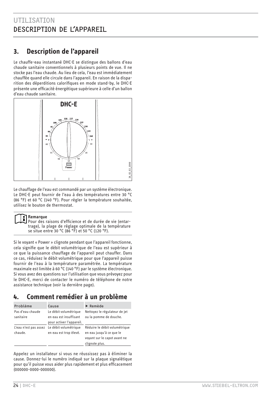 E`.<.z`.hc zv.t`.hc  <ĺttv, Description de l’appareil, Comment remédier à un problème | STIEBEL ELTRON DHC-E 8-10-12 с 14.02.2011 User Manual | Page 24 / 40