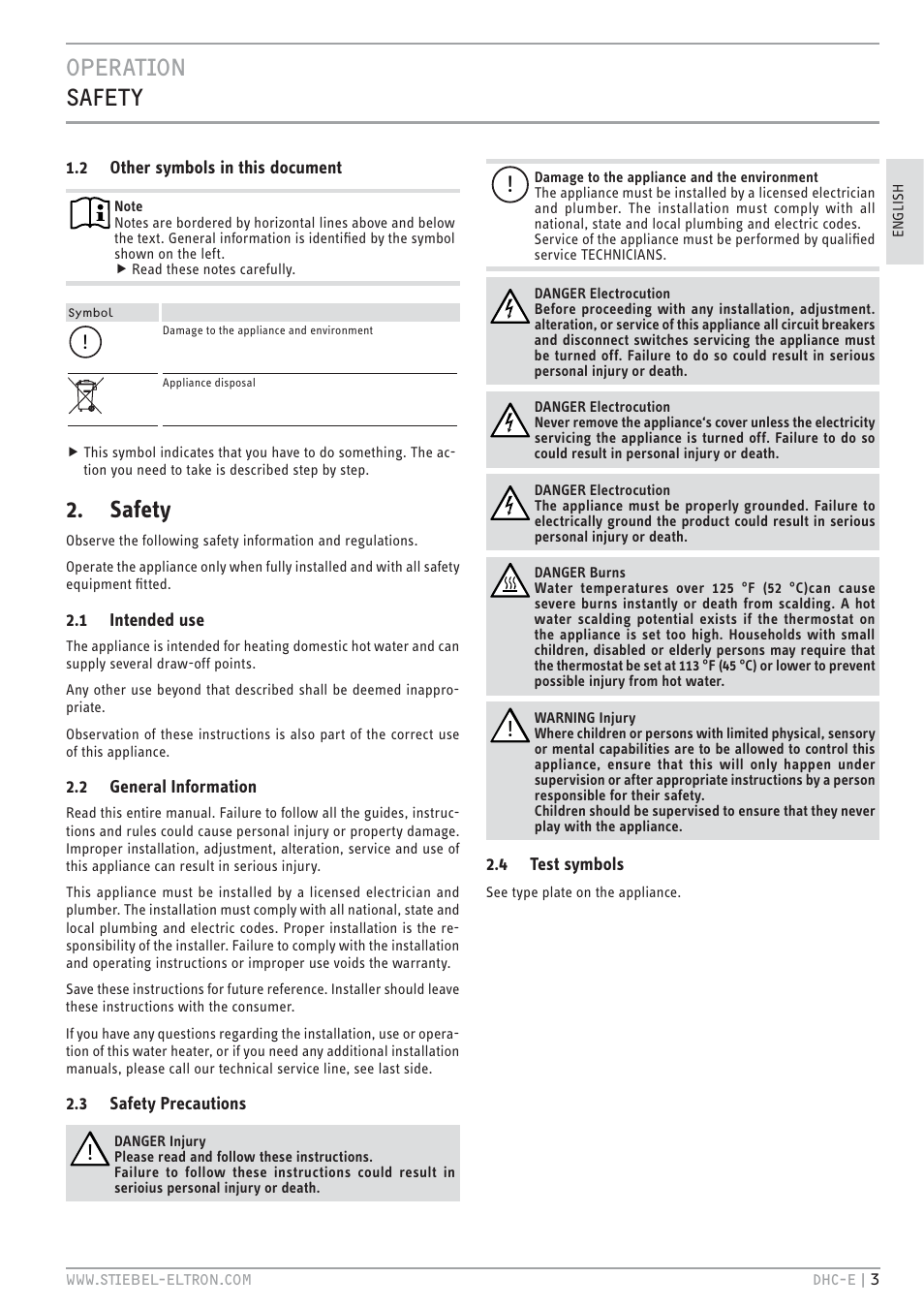 Htv`.hc z%`t, Safety | STIEBEL ELTRON DHC-E 8-10-12 с 14.02.2011 User Manual | Page 3 / 40