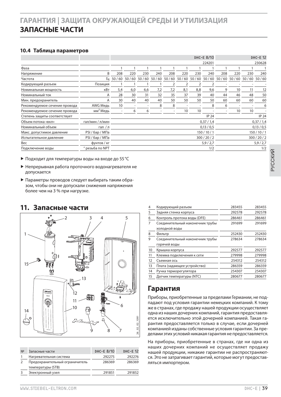 Запасные части, Гарантия, 4 таблица параметров | STIEBEL ELTRON DHC-E 8-10-12 с 14.02.2011 User Manual | Page 39 / 40