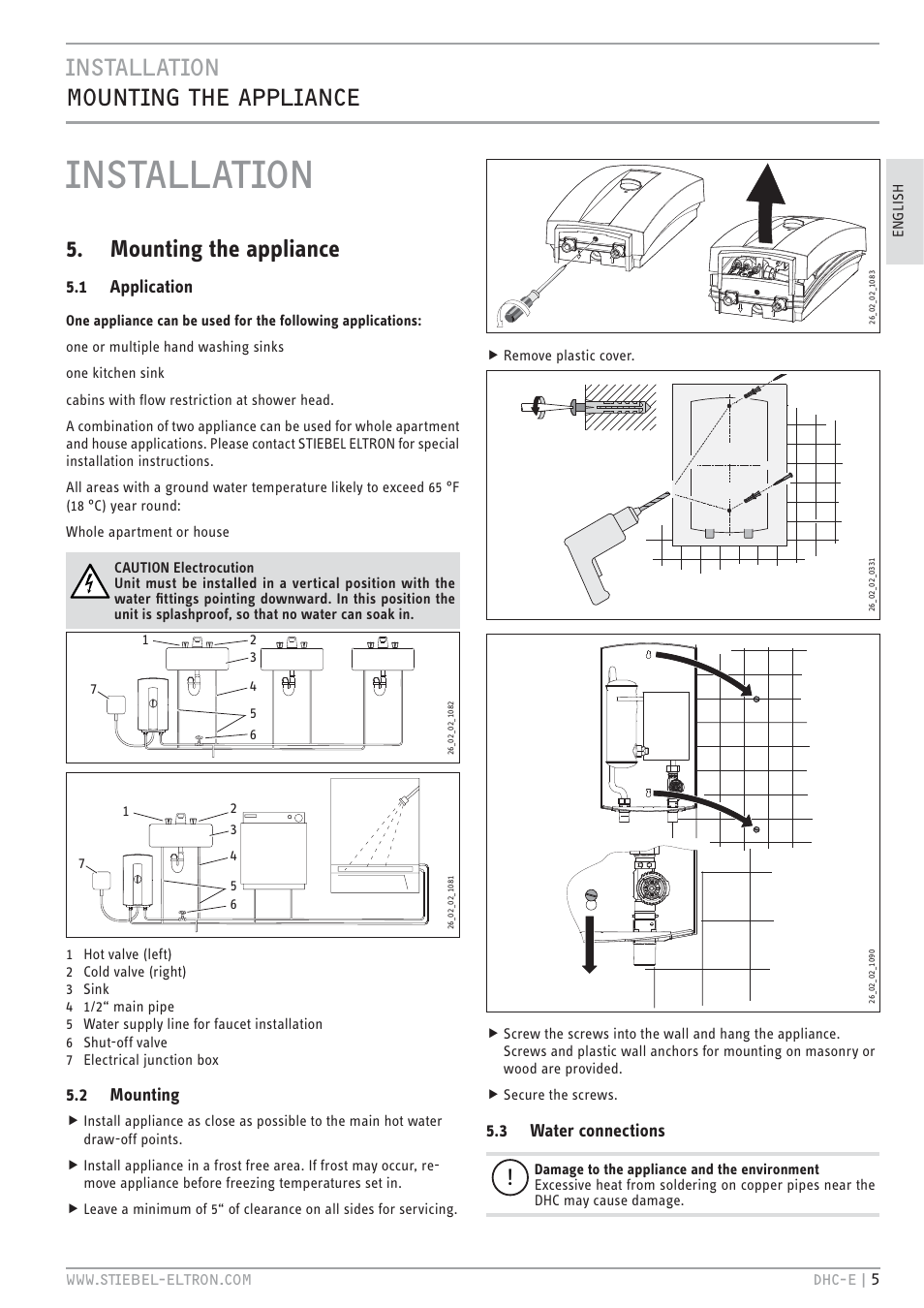 Cz`<<`.hc, Cz`<<`.hc bhec`.c& `+ tt<.c, Mounting the appliance | 1 application, 2 mounting, 3 water connections | STIEBEL ELTRON DHC-E 8-10-12 с 14.02.2011 User Manual | Page 5 / 40