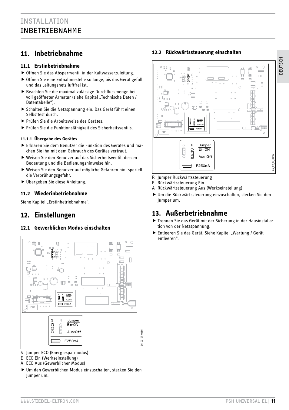 Installation inbetriebnahme 11. inbetriebnahme, Einstellungen, Außerbetriebnahme | STIEBEL ELTRON PSH Universal EL с 05.12.2011 User Manual | Page 11 / 100