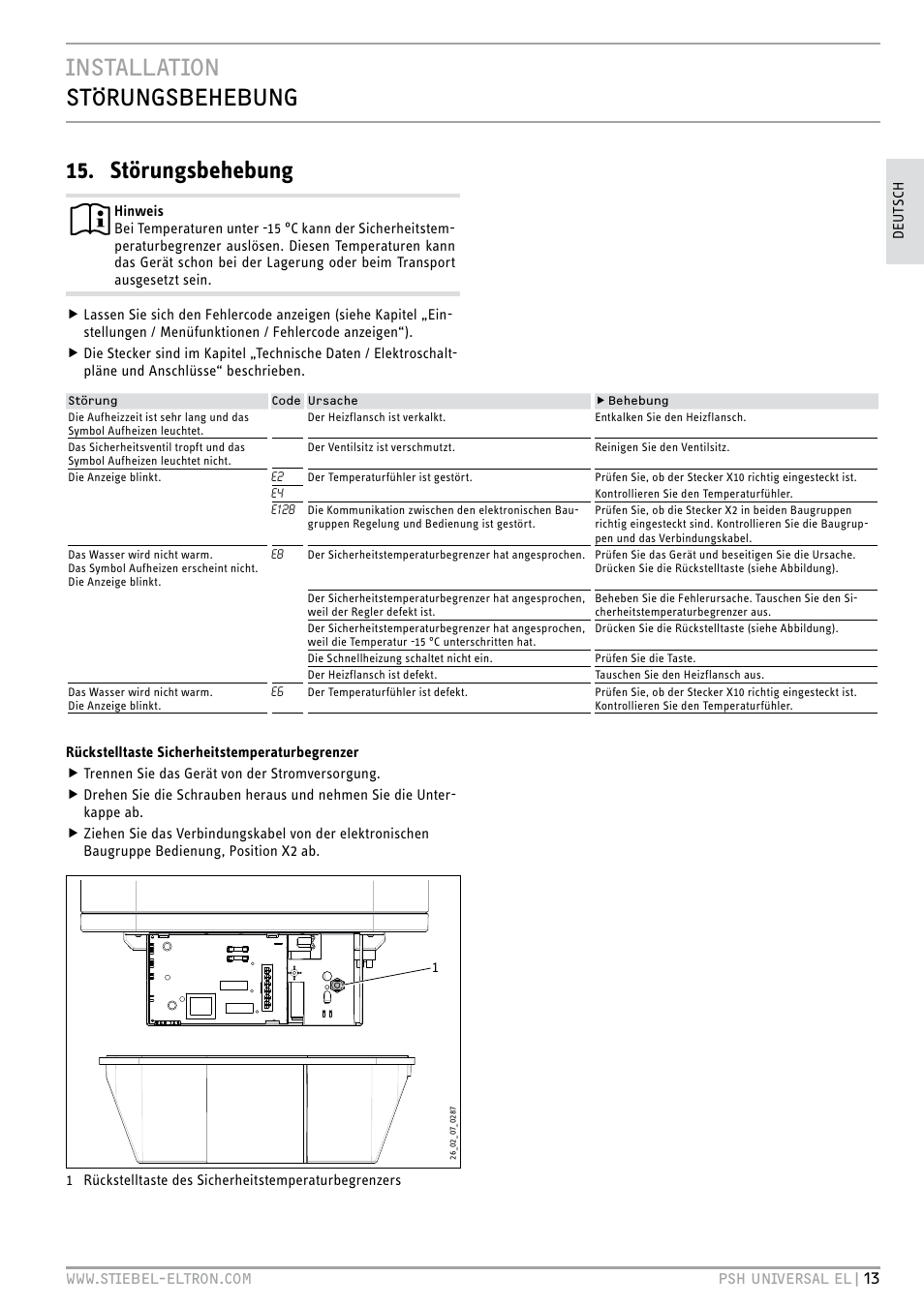 Installation störungsbehebung 15. störungsbehebung | STIEBEL ELTRON PSH Universal EL с 05.12.2011 User Manual | Page 13 / 100