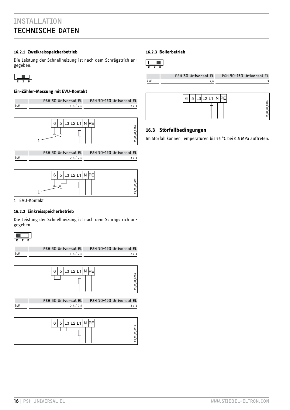 Installation technische daten, 3 störfallbedingungen, 3 boilerbetrieb | STIEBEL ELTRON PSH Universal EL с 05.12.2011 User Manual | Page 16 / 100