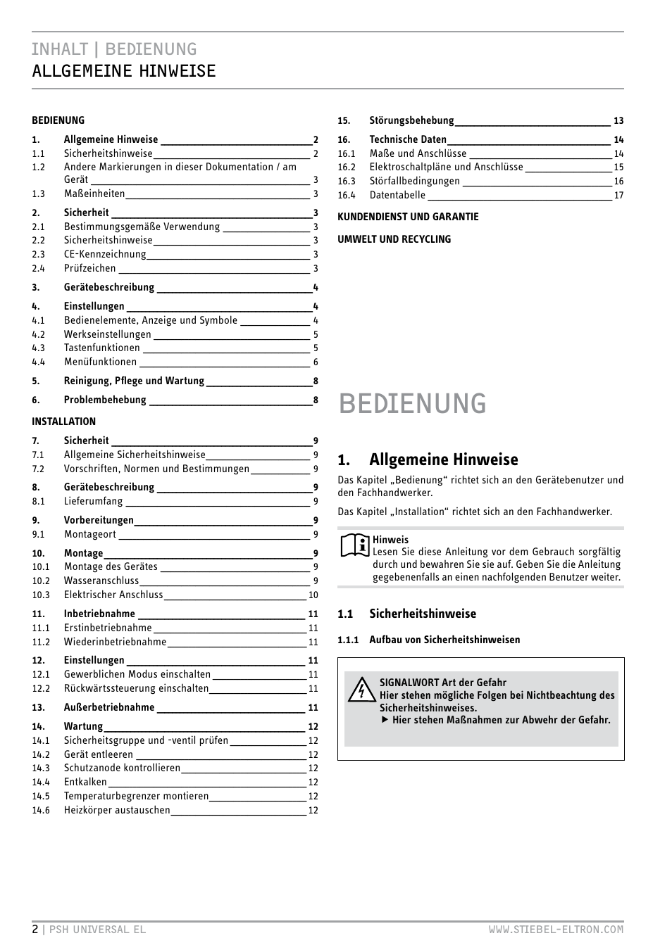 Bedienung, Inhalt | bedienung allgemeine hinweise, Allgemeine hinweise | STIEBEL ELTRON PSH Universal EL с 05.12.2011 User Manual | Page 2 / 100