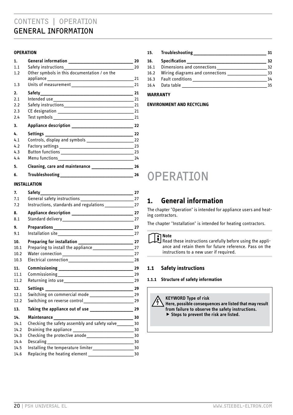 Operation, Contents | operation general information, General information | STIEBEL ELTRON PSH Universal EL с 05.12.2011 User Manual | Page 20 / 100