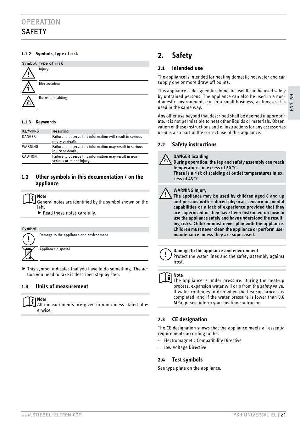 Operation safety, Safety | STIEBEL ELTRON PSH Universal EL с 05.12.2011 User Manual | Page 21 / 100