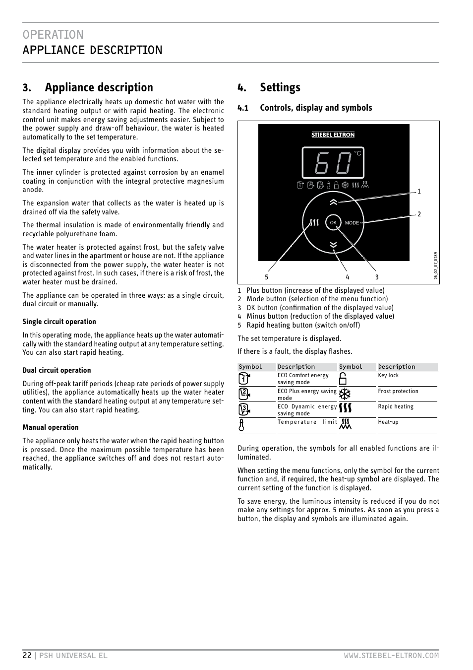 Operation appliance description, Appliance description, Settings | 1 controls, display and symbols | STIEBEL ELTRON PSH Universal EL с 05.12.2011 User Manual | Page 22 / 100