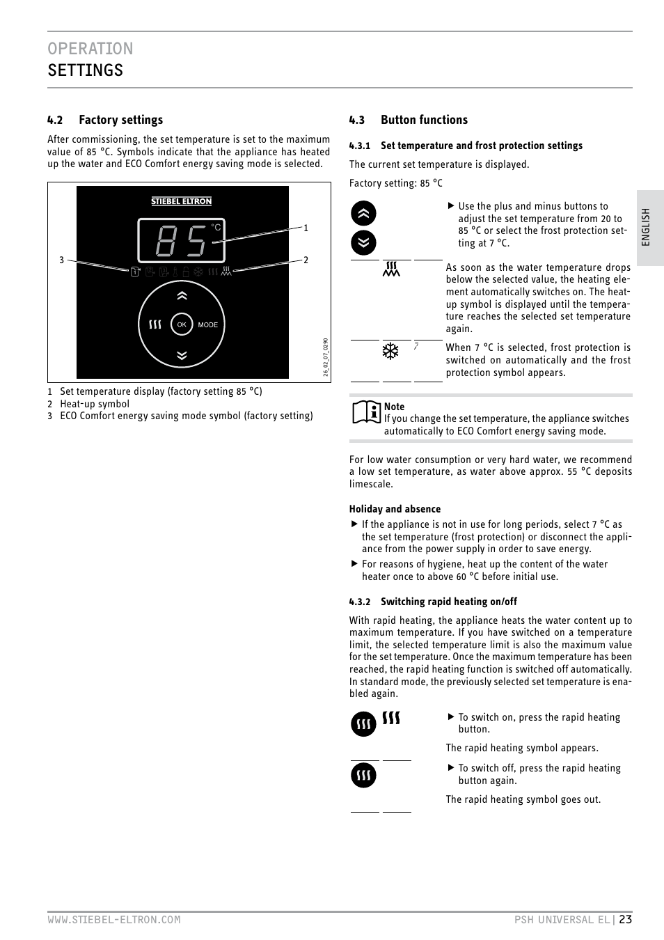 Operation settings, 2 factory settings, 3 button functions | STIEBEL ELTRON PSH Universal EL с 05.12.2011 User Manual | Page 23 / 100