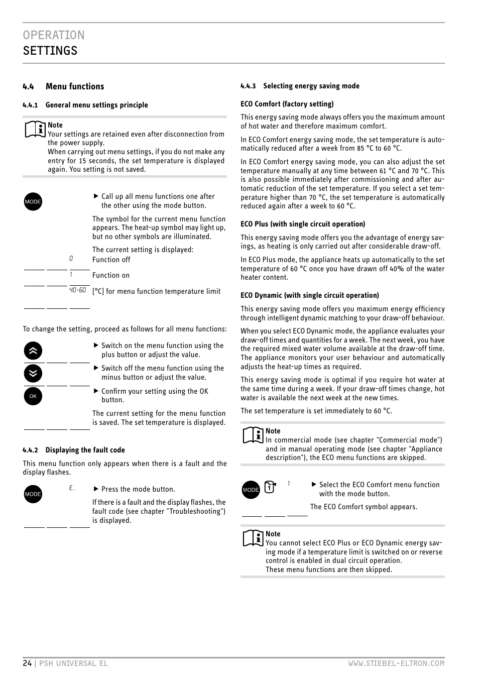Operation settings, 4 menu functions | STIEBEL ELTRON PSH Universal EL с 05.12.2011 User Manual | Page 24 / 100
