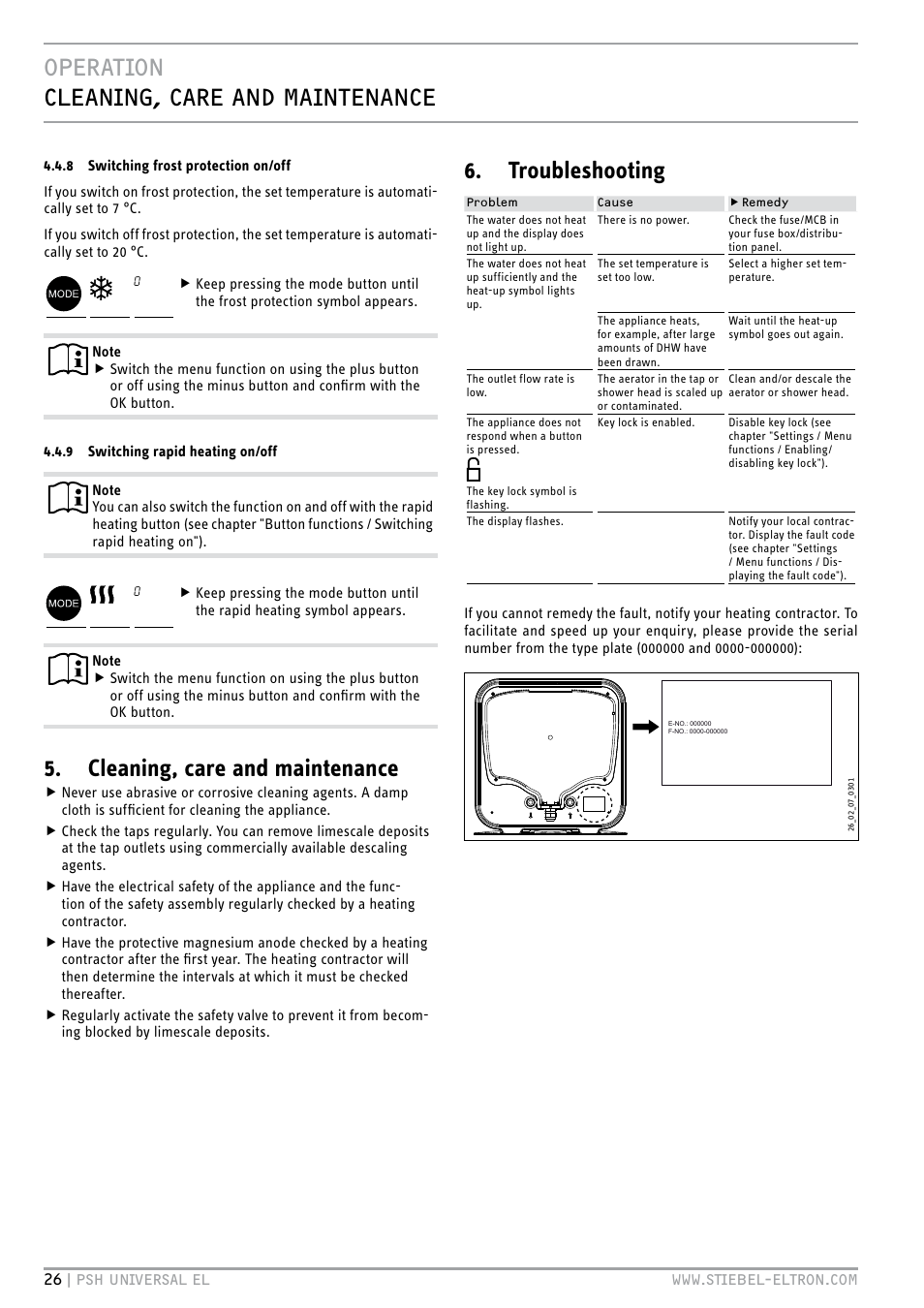 Operation cleaning, care and maintenance, Cleaning, care and maintenance, Troubleshooting | STIEBEL ELTRON PSH Universal EL с 05.12.2011 User Manual | Page 26 / 100
