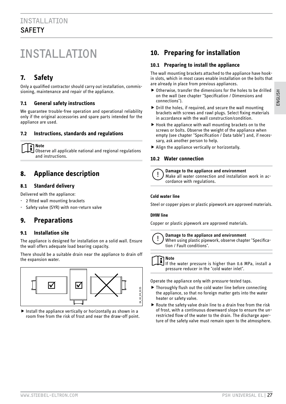 Installation, Installation safety, Safety | Appliance description, Preparations, Preparing for installation | STIEBEL ELTRON PSH Universal EL с 05.12.2011 User Manual | Page 27 / 100