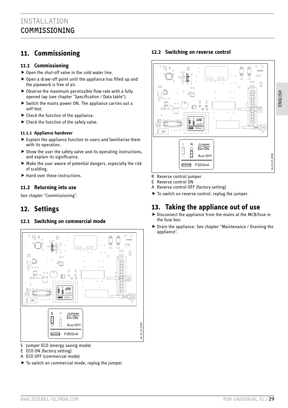 Installation commissioning 11. commissioning, Settings, Taking the appliance out of use | STIEBEL ELTRON PSH Universal EL с 05.12.2011 User Manual | Page 29 / 100
