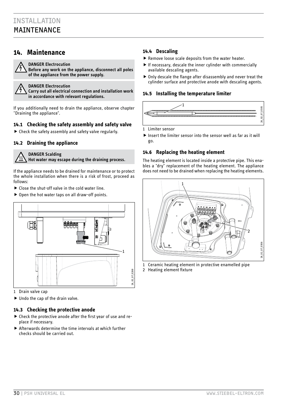 Installation maintenance 14. maintenance | STIEBEL ELTRON PSH Universal EL с 05.12.2011 User Manual | Page 30 / 100