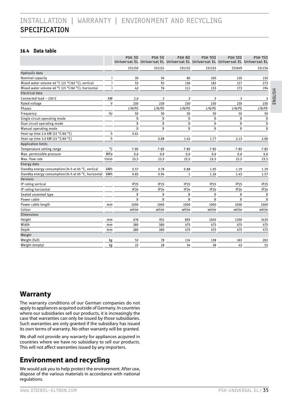 Warranty environment and recycling, Warranty, Environment and recycling | 4 data table | STIEBEL ELTRON PSH Universal EL с 05.12.2011 User Manual | Page 35 / 100