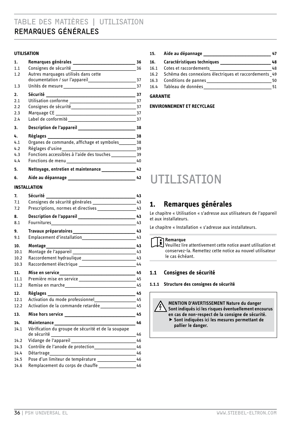 Utilisation, Remarques générales | STIEBEL ELTRON PSH Universal EL с 05.12.2011 User Manual | Page 36 / 100