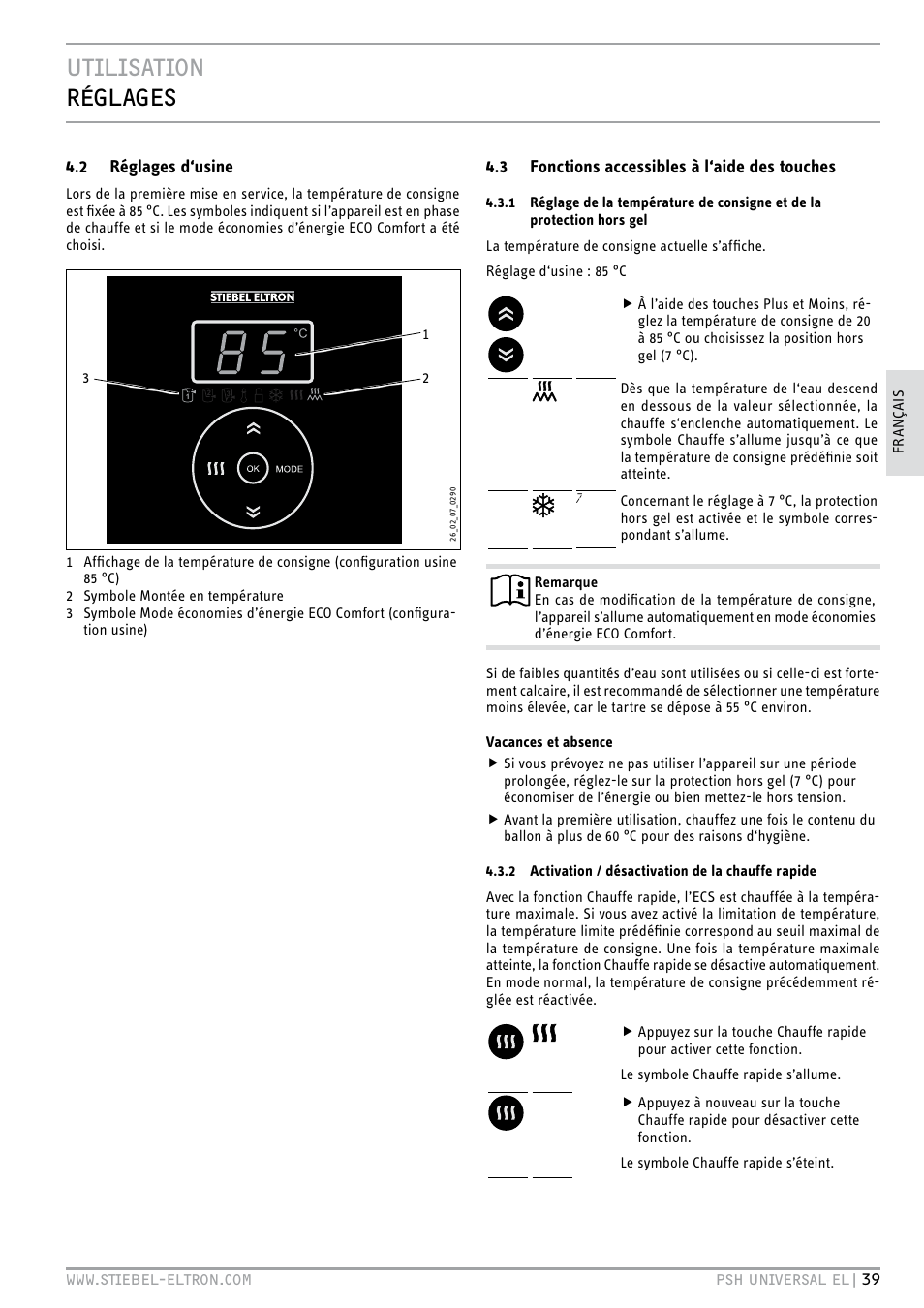 Utilisation réglages, 2 réglages d‘usine, 3 fonctions accessibles à l‘aide des touches | STIEBEL ELTRON PSH Universal EL с 05.12.2011 User Manual | Page 39 / 100