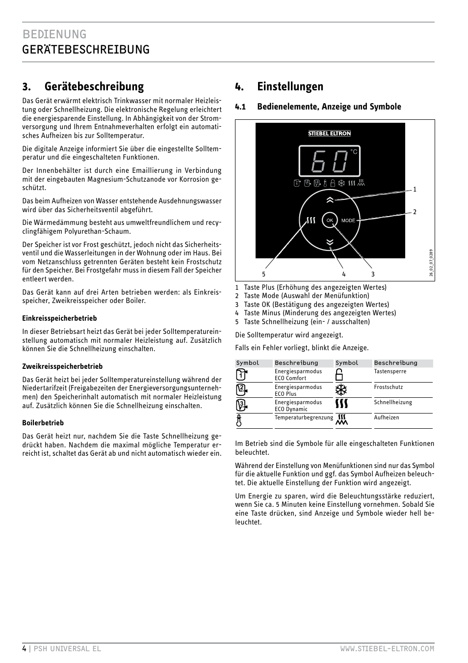 Bedienung gerätebeschreibung, Gerätebeschreibung, Einstellungen | 1 bedienelemente, anzeige und symbole | STIEBEL ELTRON PSH Universal EL с 05.12.2011 User Manual | Page 4 / 100