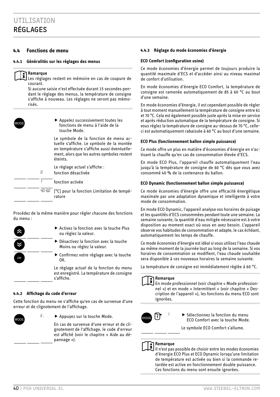 Utilisation réglages, 4 fonctions de menu | STIEBEL ELTRON PSH Universal EL с 05.12.2011 User Manual | Page 40 / 100