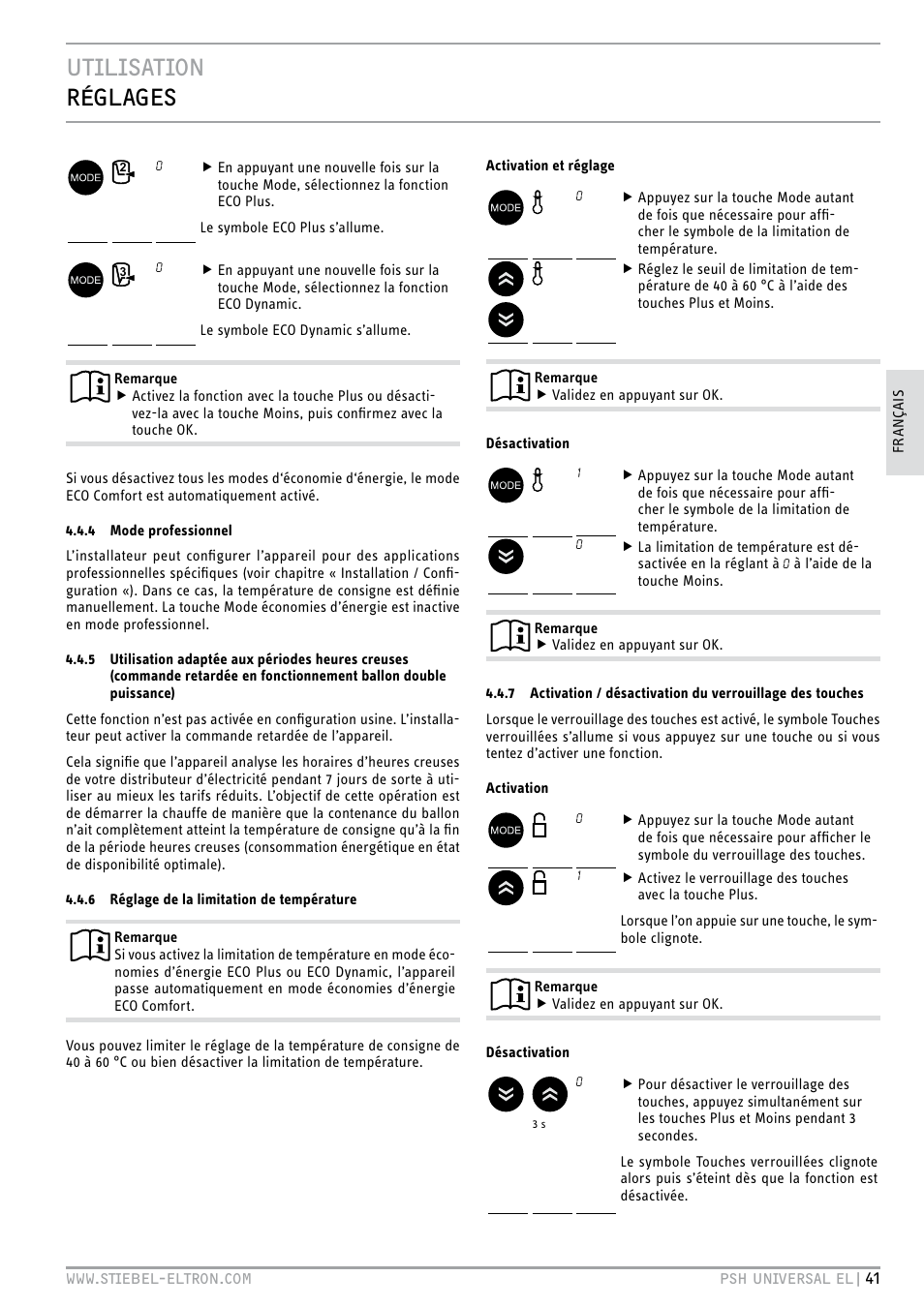 Utilisation réglages | STIEBEL ELTRON PSH Universal EL с 05.12.2011 User Manual | Page 41 / 100