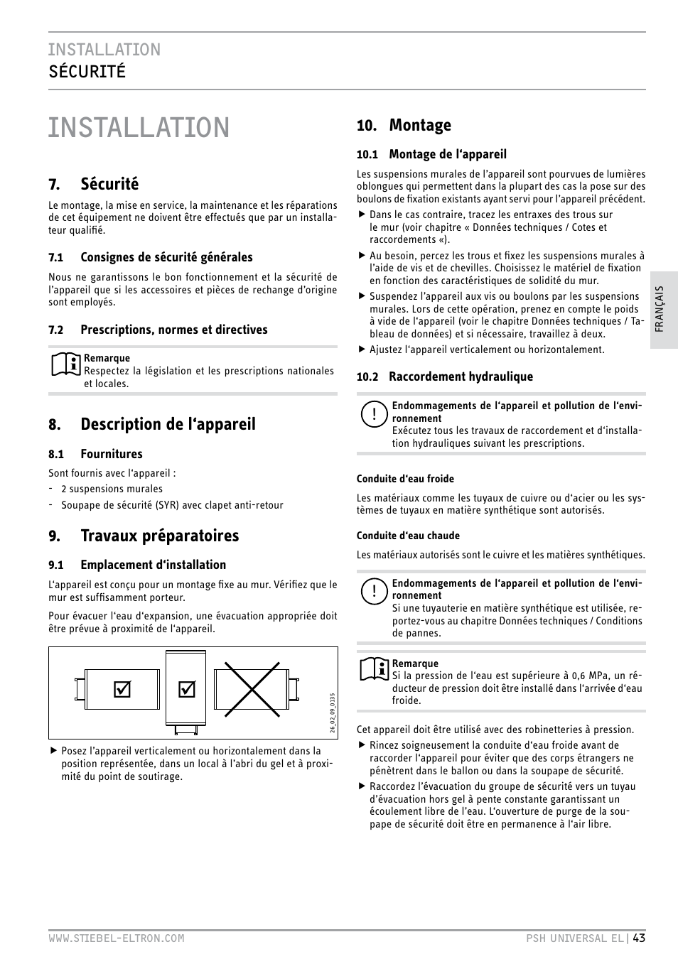 Installation, Installation sécurité, Sécurité | Description de l‘appareil, Travaux préparatoires, Montage | STIEBEL ELTRON PSH Universal EL с 05.12.2011 User Manual | Page 43 / 100