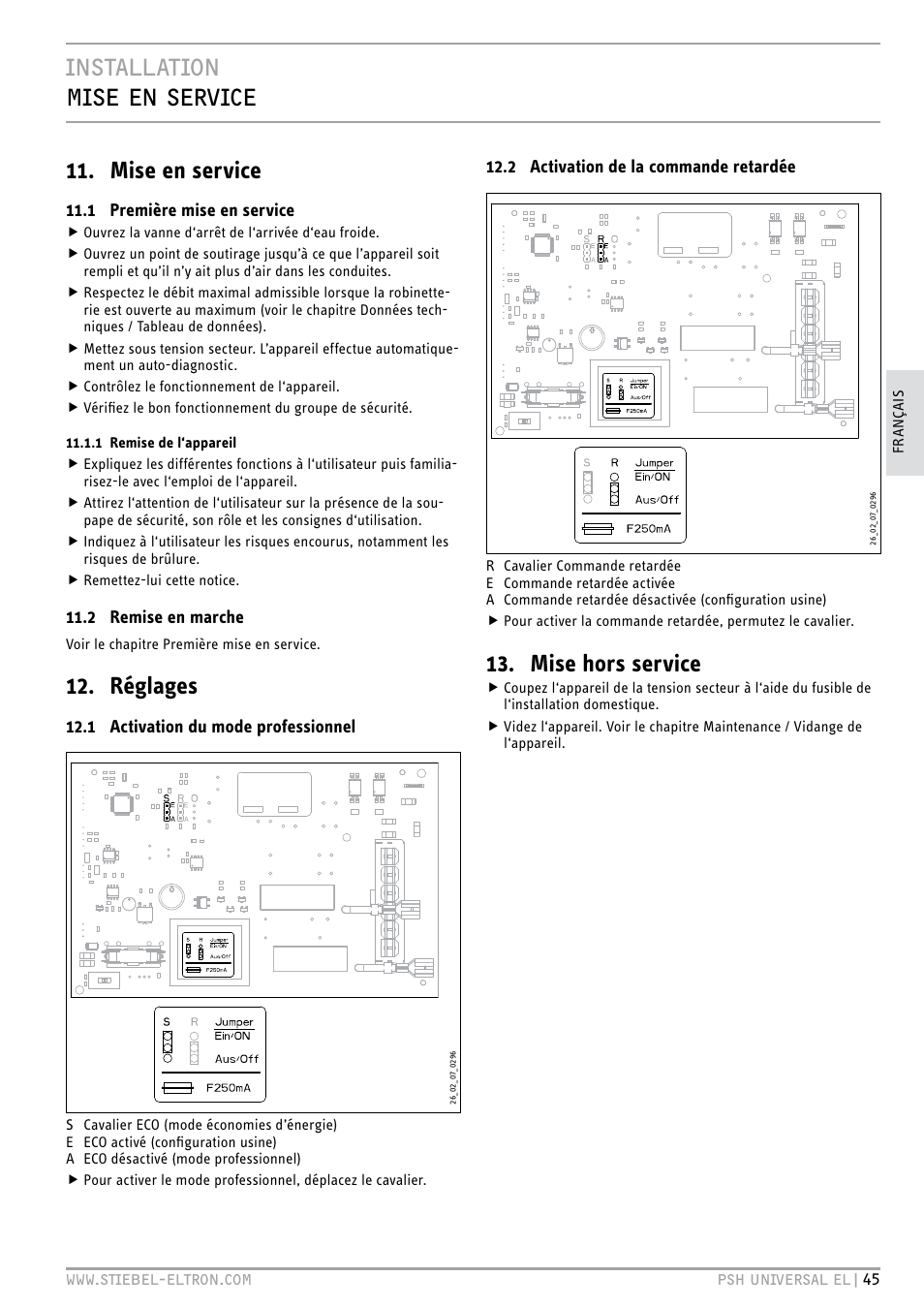 Installation mise en service 11. mise en service, Réglages, Mise hors service | STIEBEL ELTRON PSH Universal EL с 05.12.2011 User Manual | Page 45 / 100